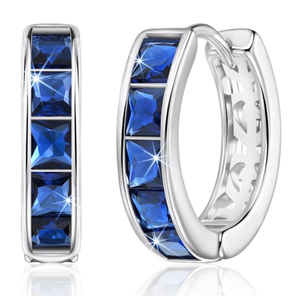 14K White Gold with Blue Sapphire Cubic Zirconia Princess Cut Huggie Earrings